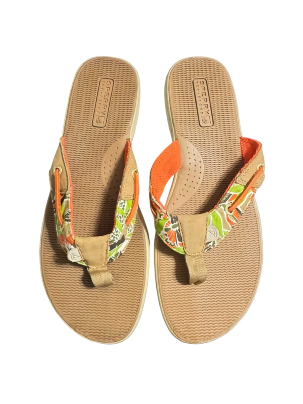Size 10 Women's Sperry Seafish? Topsider Floral Thong Sandals Beige Orange
